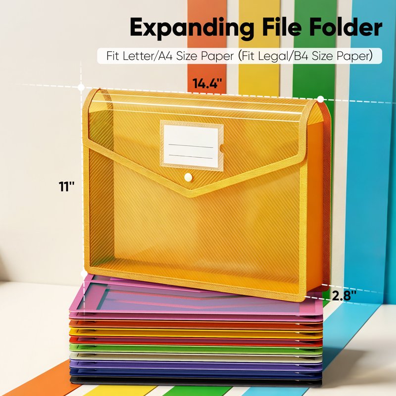 10 Pack Plastic Expanding File Folders with Snap Closure - A4 & Letter Size Organizer