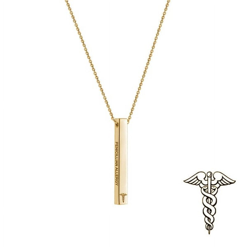 Personalized Medical Alert Necklace - Engravable 4-Sided Bar ID Jewelry in Multiple Colors