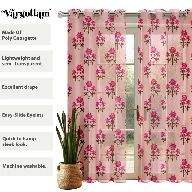 Long Sheer Curtains Set of 2 for Double Height Windows - Floral Georgette Drapes