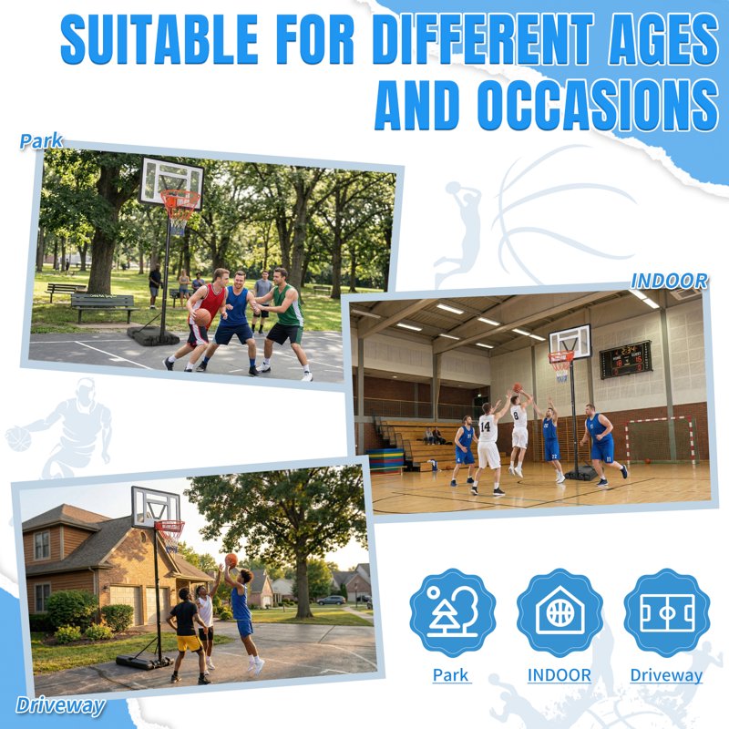 Portable Adjustable Basketball Hoop System - 8ft-10ft Height, 35in Backboard, Wheels for Indoor Outdoor Play