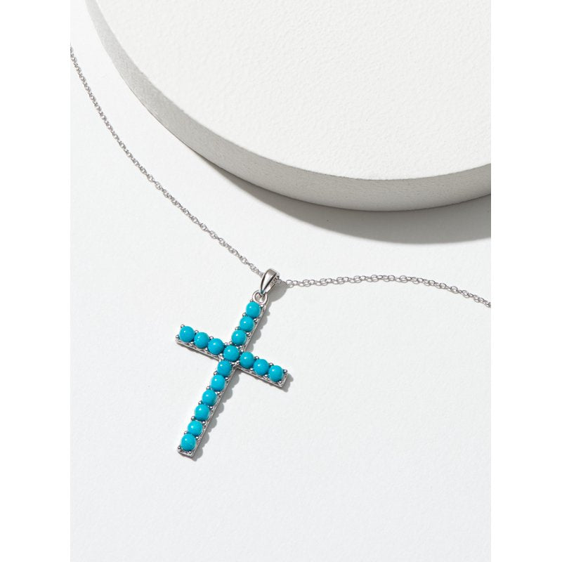Women's Platinum Over Sterling Silver Turquoise Cross Necklace - Adjustable Chain