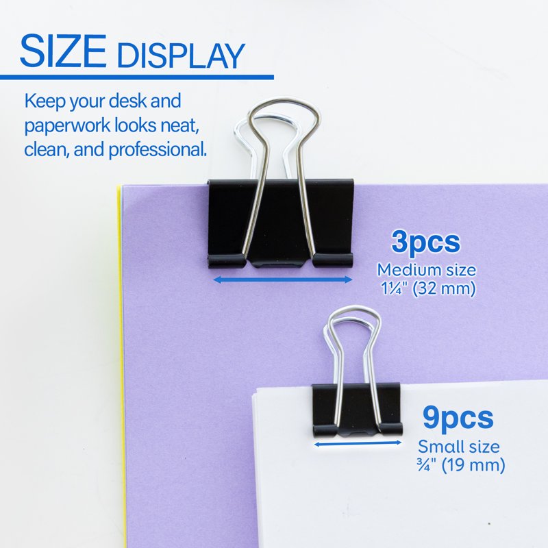 Assorted Size Black Binder Clips - Multi-Size Paper Clips for Office and School, 12 Pack