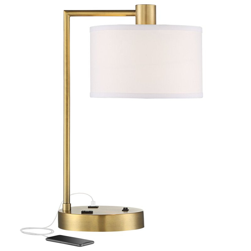 Modern Desk Lamp with USB Charging Port - Antique Gold & Linen Shade