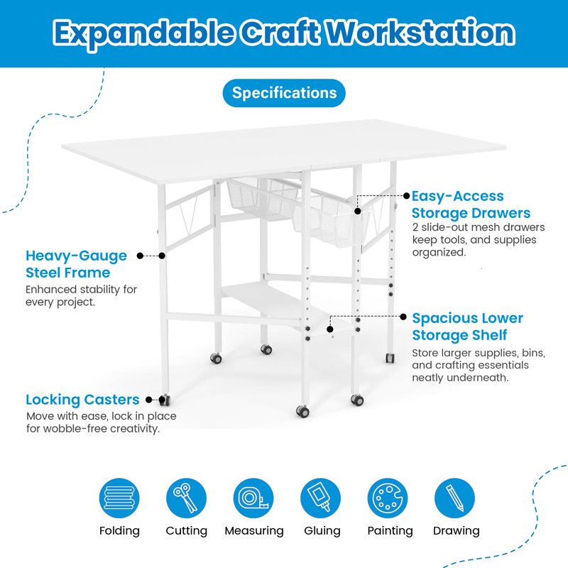 Folding Sewing Craft Table with Storage Drawers & Wheels, White