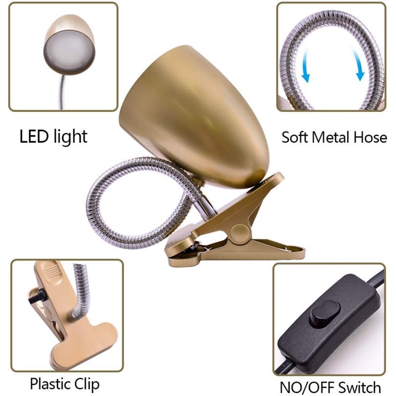 11-Inch LED Desk Lamp with 3.5W Cool White Light, Gold Finish, Clip-On