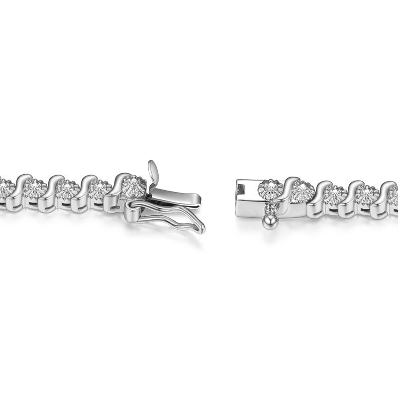 Silver Tone S Shape Link Tennis Bracelet with Diamond Accents 7.25"