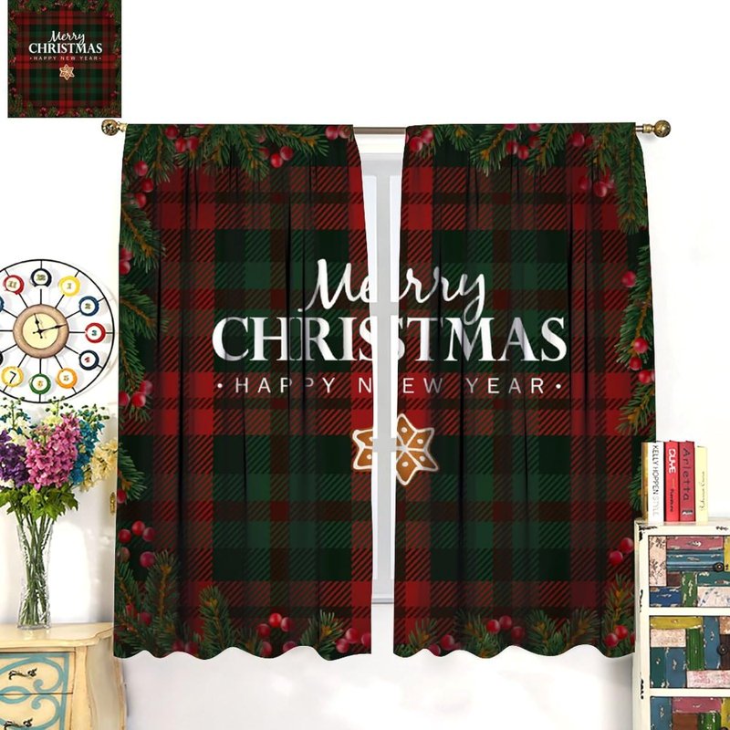 Christmas Window Curtains Set - Buffallo Plaid Insulated Drapes for Living Room & Bedroom