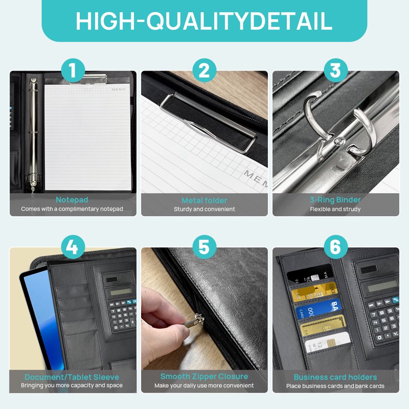 Leather Portfolio with Zipper, 3-Ring Business Organizer and Tablet Sleeve