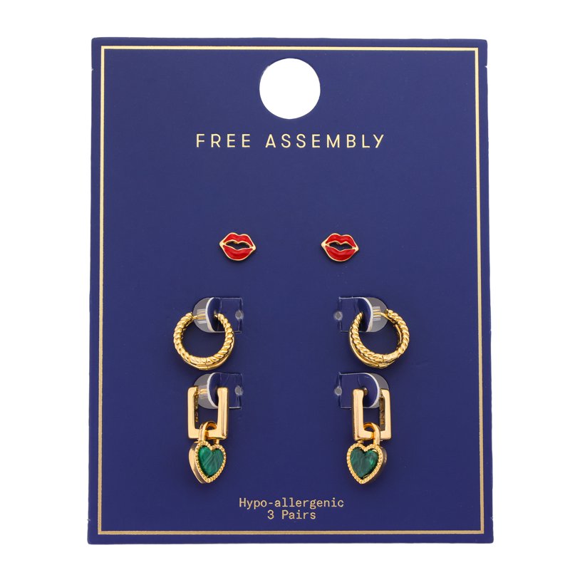 Women's Goldtone Lips Hearts and Hoop Earring Set - 3-Pair Jewelry Collection