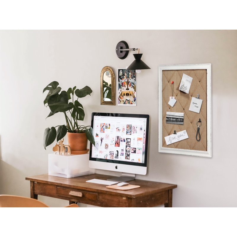 Antique White Linen Fabric Bulletin Board with Wooden Frame - Large Wall Memo & Message Board