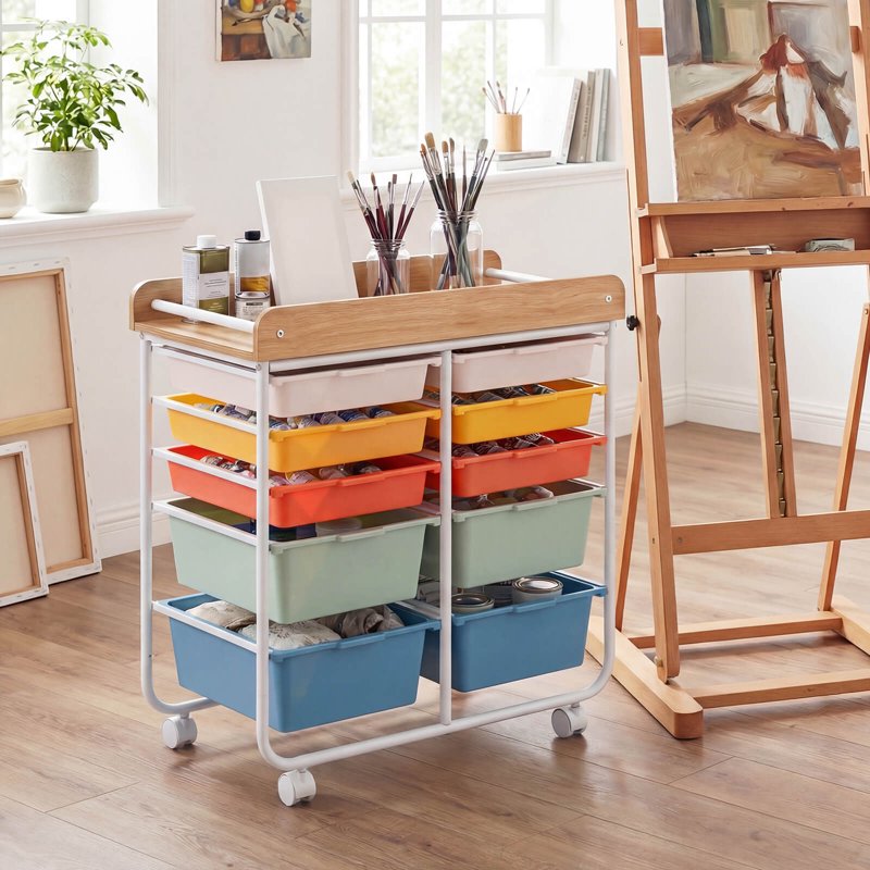 10-Drawer Rolling Storage Cart with Wooden Top and Lockable Wheels - Art & Craft Organizer