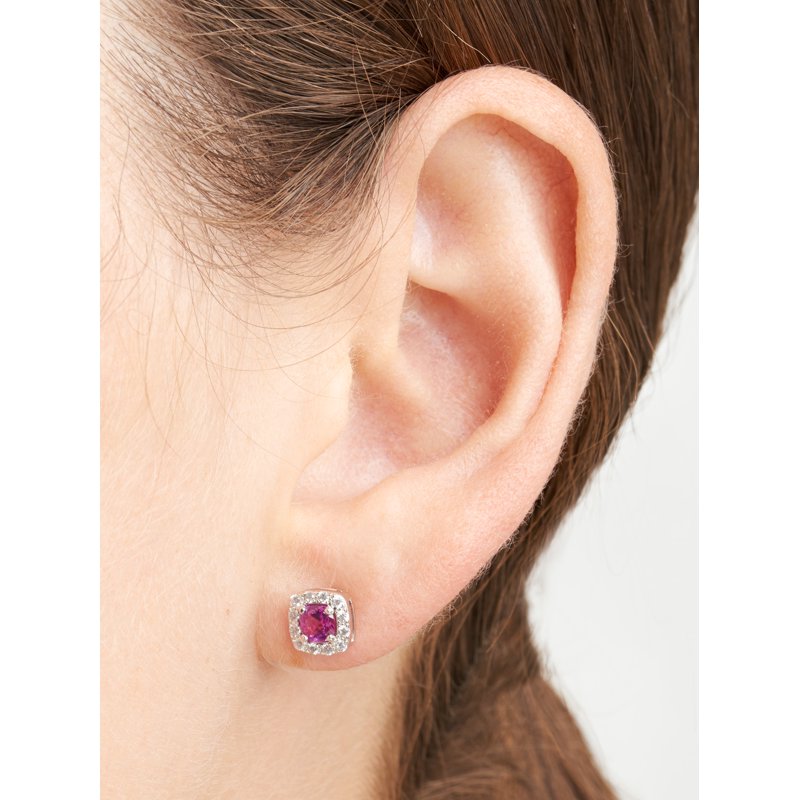 Women's Platinum Over Sterling Silver Created Pink Sapphire and CZ Stud Earrings