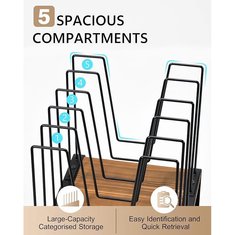 Inclined Desk File Organizer with 5 Compartments - Vertical Metal & Wooden Stand
