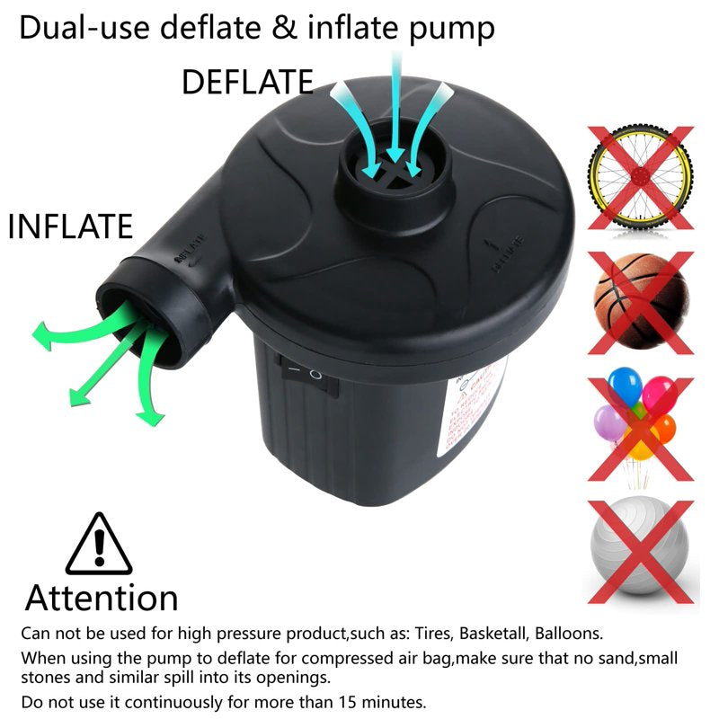 Portable Electric Air Pump for Inflatable Pools Airbeds & Rafts - Quick-Fill AC/DC Inflator & Deflator