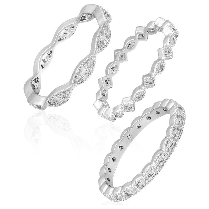 Women's AAA Cubic Zirconia Silver Plated Ring Set - Stackable, Art Deco Style, Sizes 8-10
