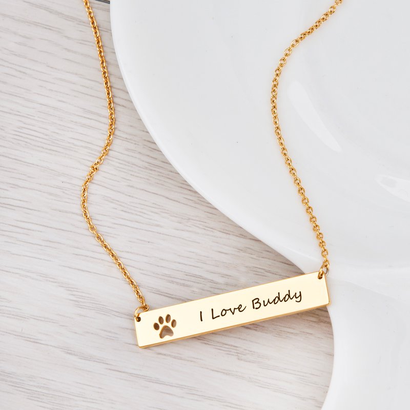 Personalized Gold Paw Print Bar Necklace with Engraving - Pet Lover Gift