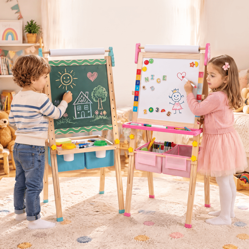 Kids Art Easel with Magnetic Whiteboard Chalkboard & Paper Roll - Adjustable 3-in-1 Wooden Drawing Stand for Toddlers