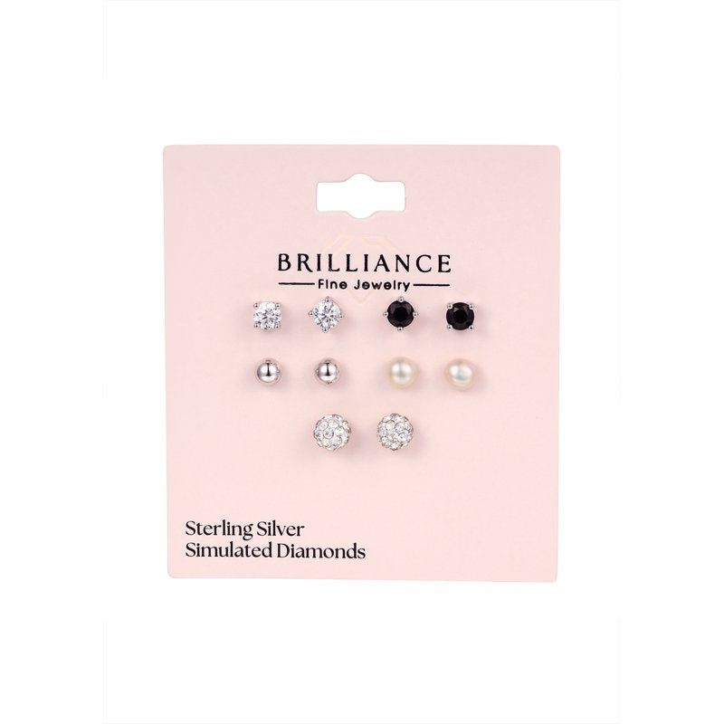 Simulated Diamond Earrings Set - Multi Stone Sterling Silver 5 Pairs