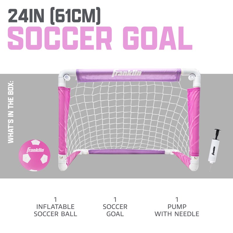 Franklin Sports Kids Mini Soccer Goal with Ball and Pump – 24x16 Folding Goal, Pink/Purple