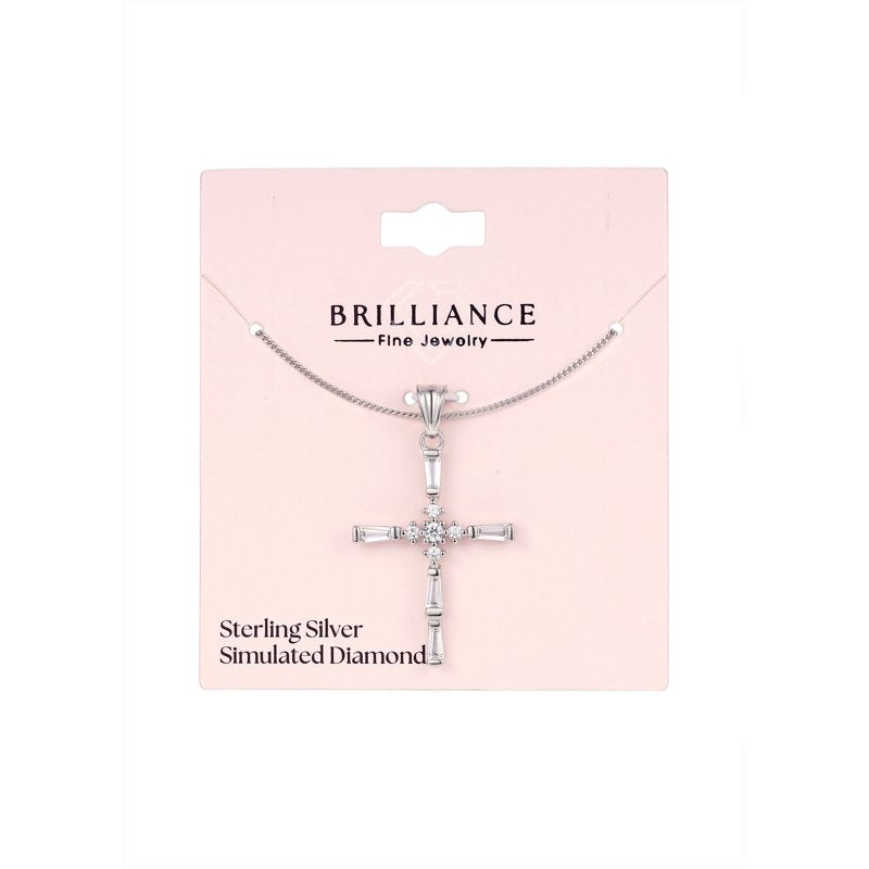 Sterling Silver Cross Pendant with Simulated Diamonds - Jewelry Gift