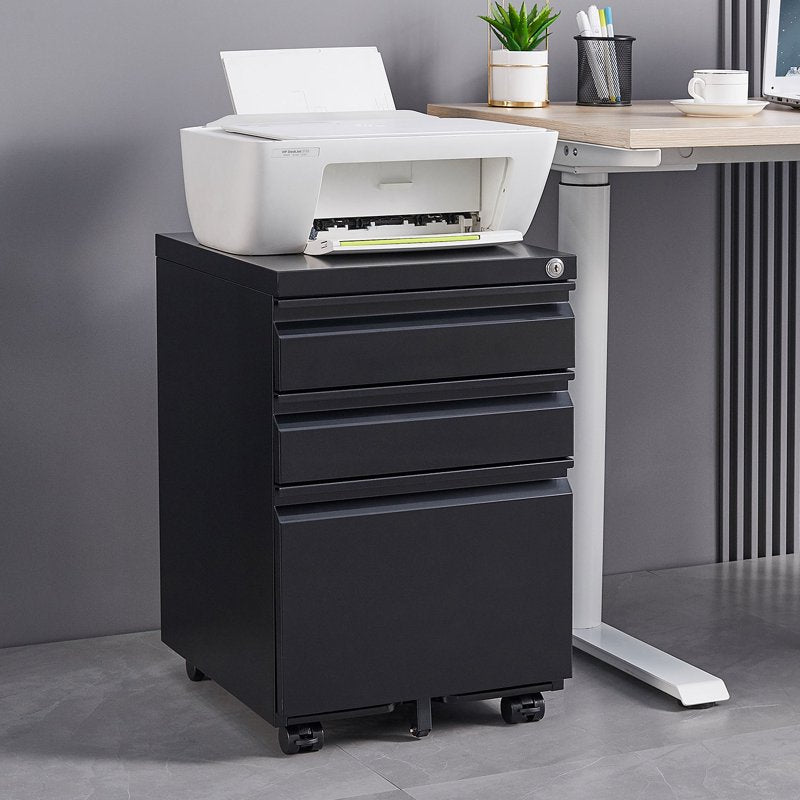 Lockable 3-Drawer Metal Filing Cabinet for Office Storage - Under Desk Mobile Filing Cabinet with Anti-Tilt Casters