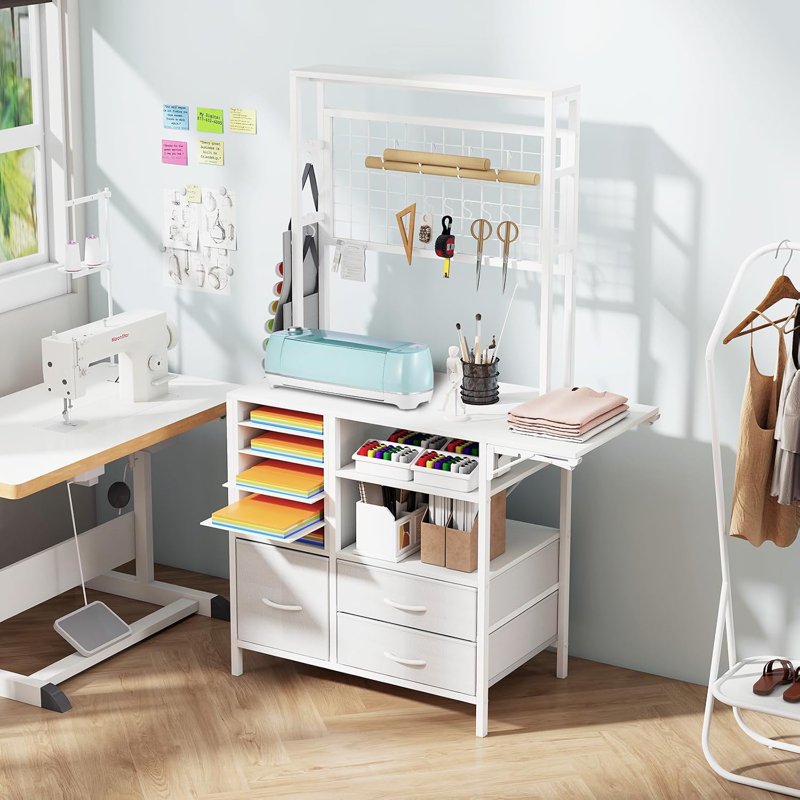 L-Shaped Craft Storage Cabinet with Fold-Out Workbench & Vinyl Holders