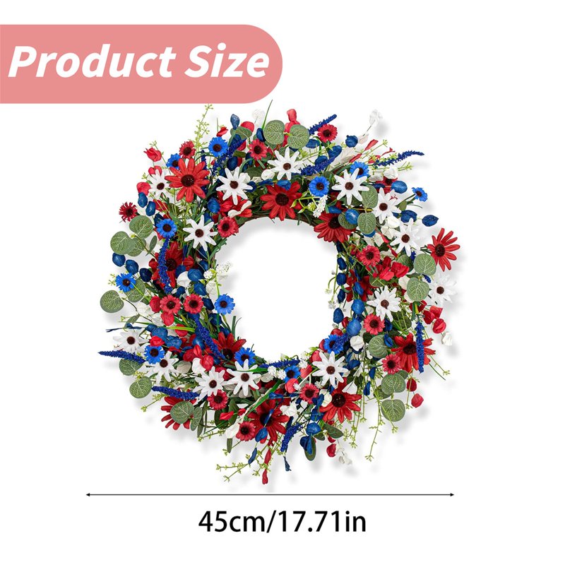 Patriotic Flower Wreath for Front Door - Red White Blue Independence Day Decor