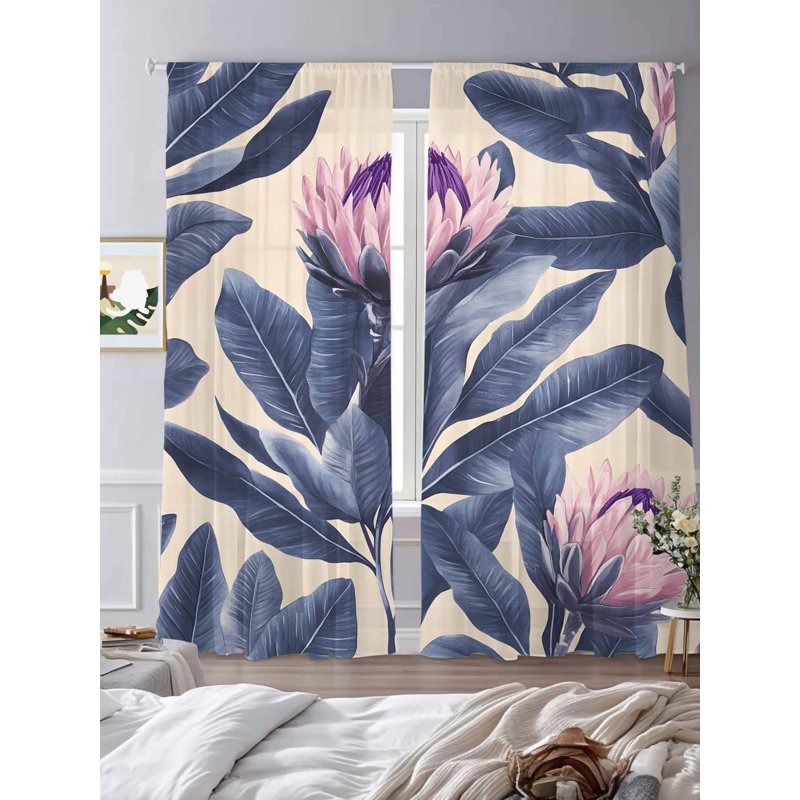 Blue Pink Purple Floral Sheer Curtains Set - 52x96 Inches, Multiple Sizes