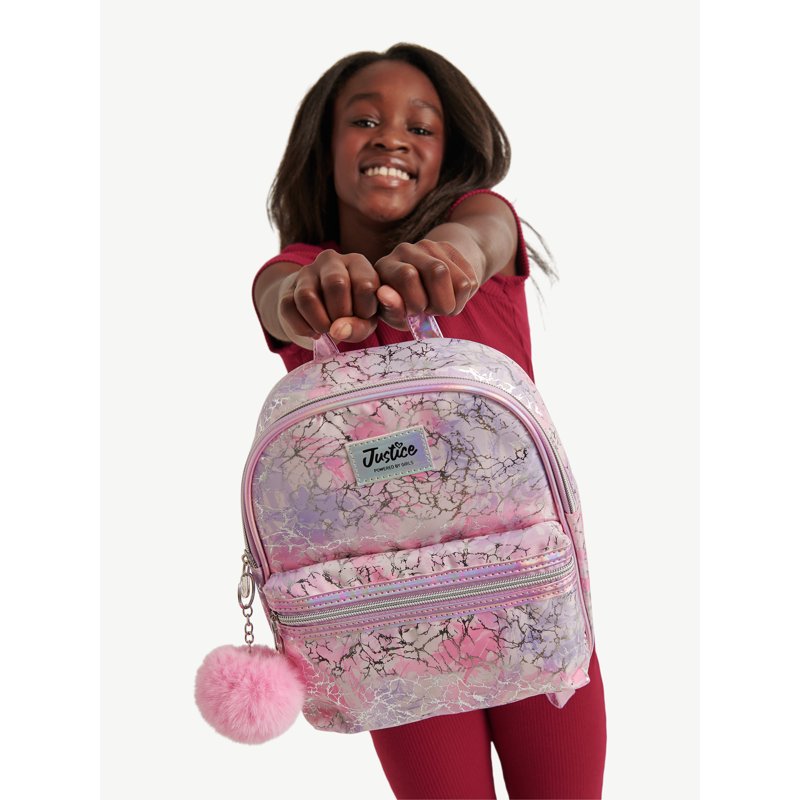 Girls Mini Backpack with Allover Prints & Adjustable Straps - Pink, Purple, Silver, Plaid Variants