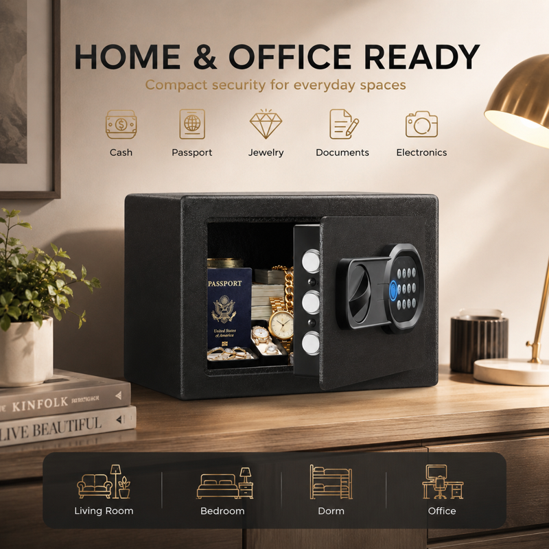 Biometric Security Safe Box 0.44 Cu Ft with Electronic Keypad Wall Mount & LED Light