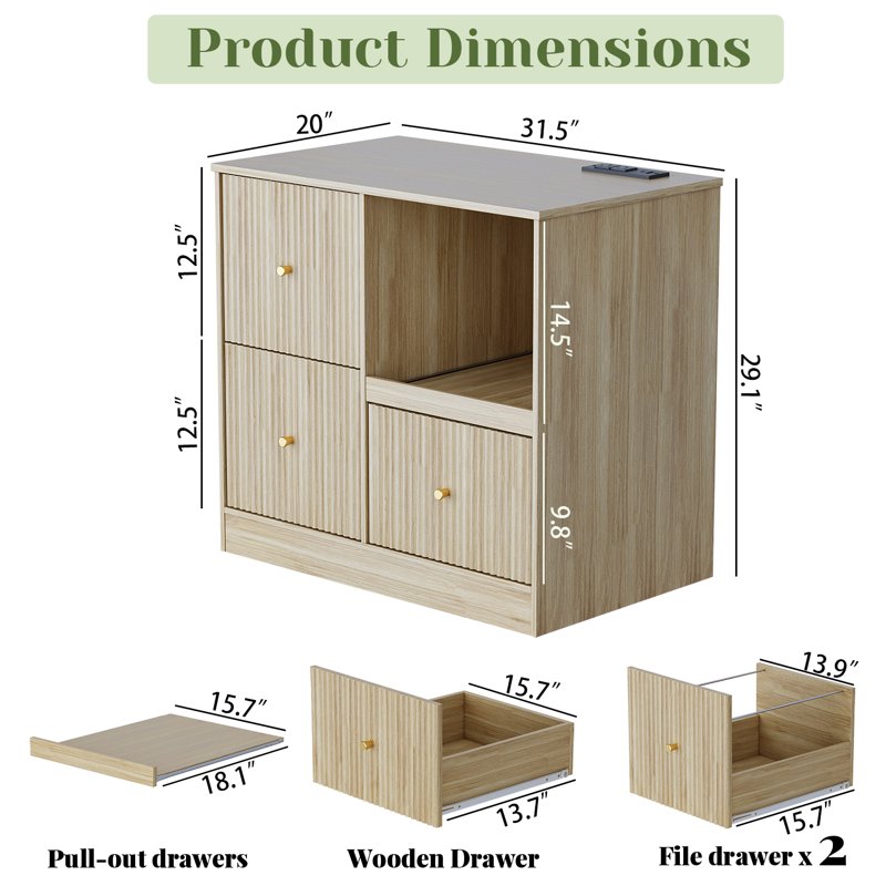 3-Drawer File Cabinet with Charging Station and Pull-Out Printer Stand - Natural Wood Finish