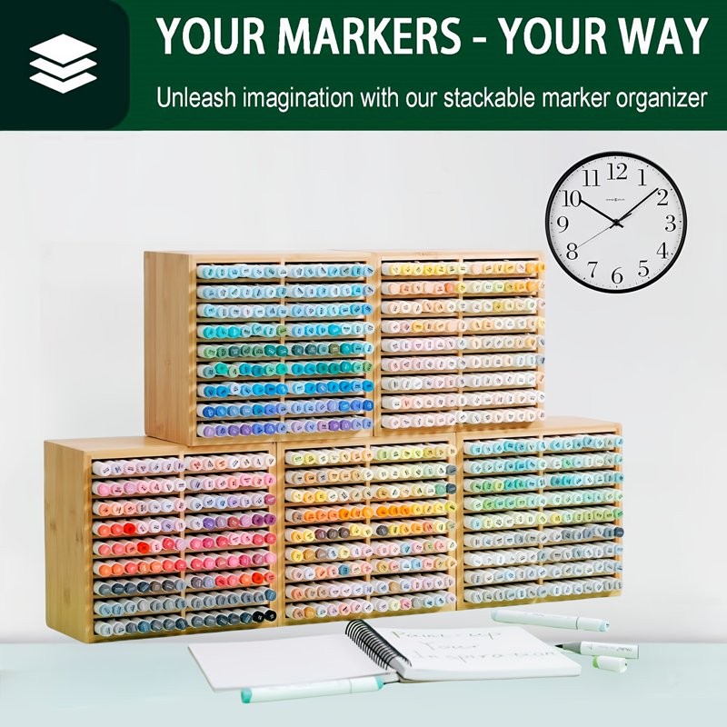 Bamboo Marker Pen Storage Rack with 18 Compartments for Art Supplies