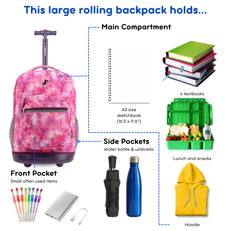 Unisex 18-Inch Rolling Backpack for School and Travel - Purple Galaxy