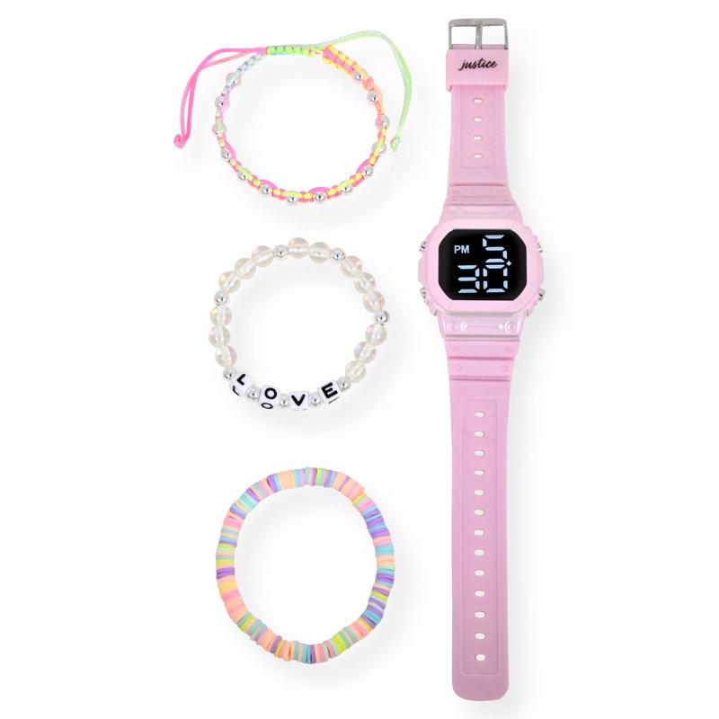 Kids Watch with Pink Silicone Strap & Bracelets 4-Piece Set for Tween & Children