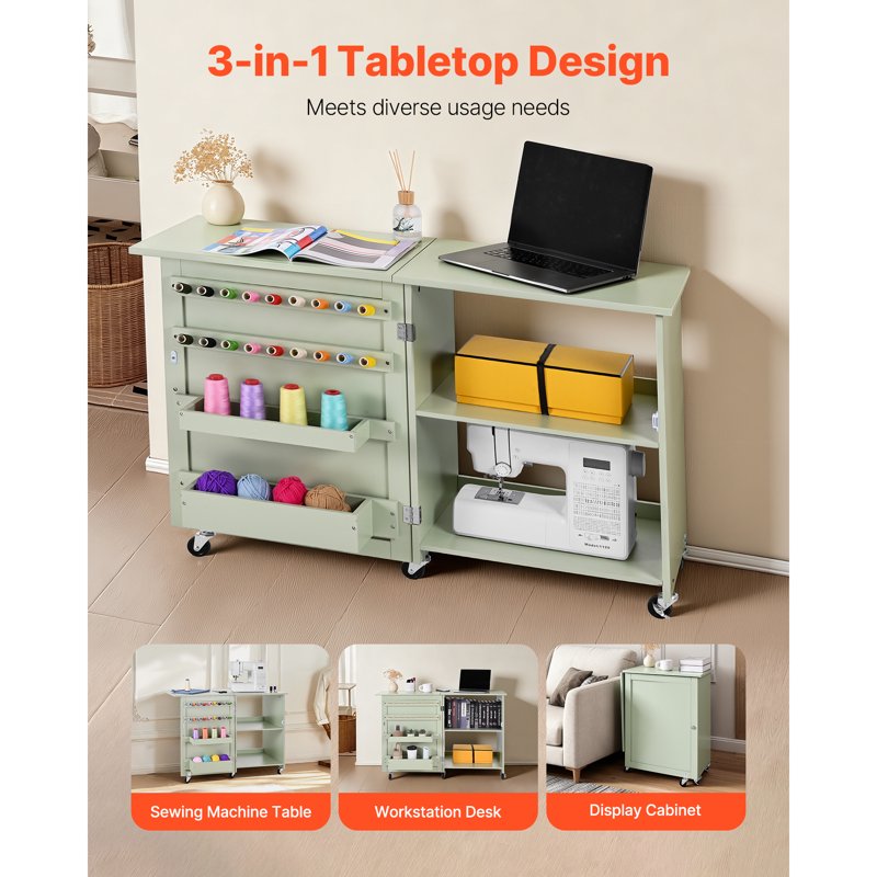 Foldable Sewing Table with Storage - Compact Craft Workstation, Green
