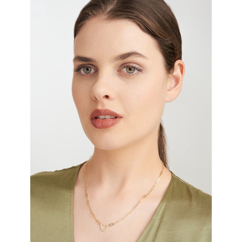 Heart Cubic Zirconia Paperclip Necklace in 18K Gold Over Sterling Silver 18 Inches