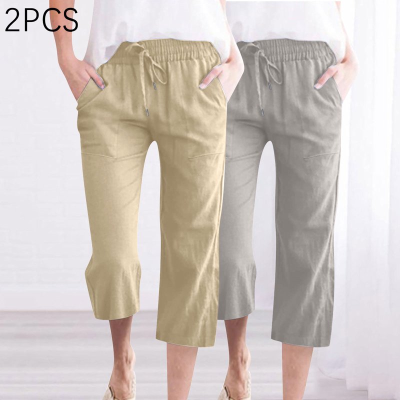 Women's Linen Capri Pants 2 Pack - Dressy Casual Elastic Waist Cropped Trousers
