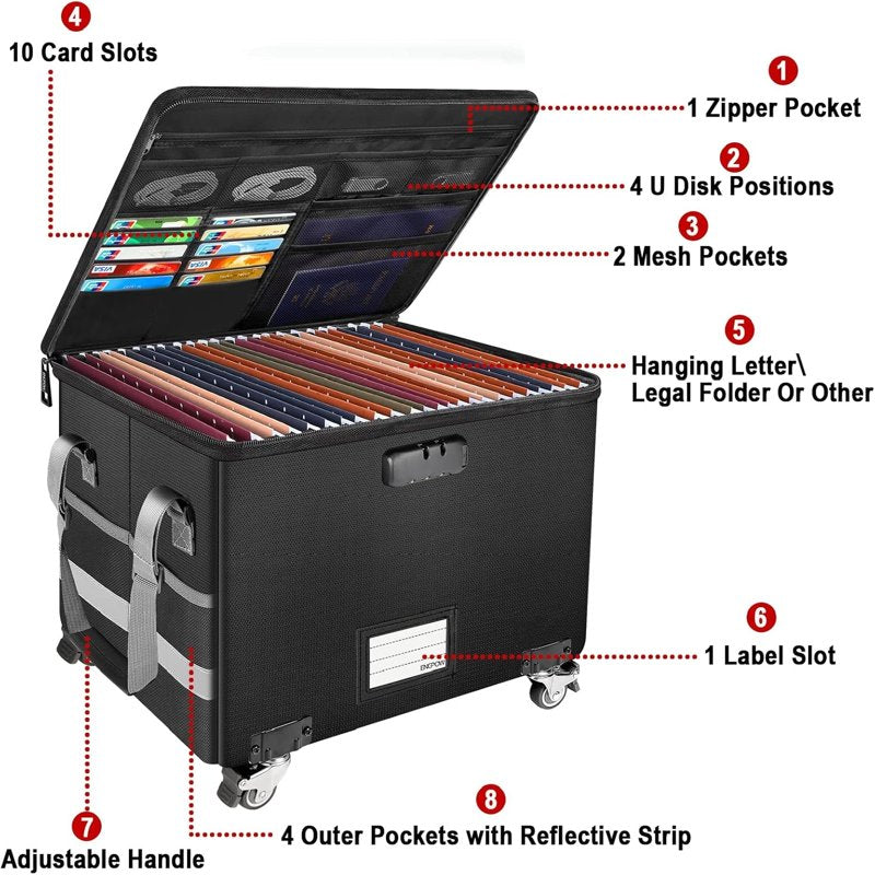 Fireproof Document Box with Wheels Lockable Portable Safe for Home Office