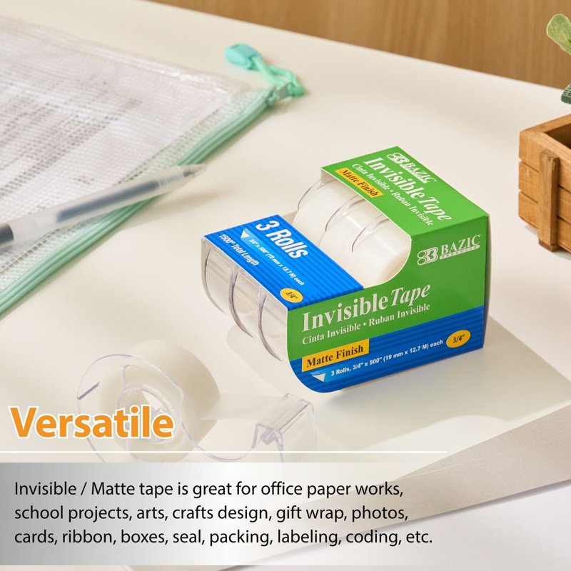 BAZIC Invisible Tape w/ Dispenser 3/4" X 500", Matte Finish, (3/Pack), 2-Packs