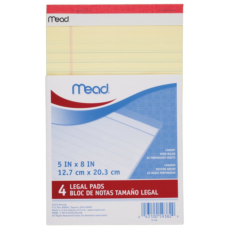 Junior Legal Pads 5x8 Inch Canary Yellow 4 Pack - Notepads for Office & School