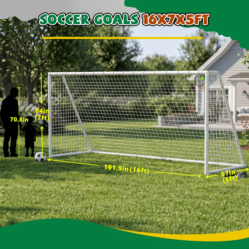 Mersco 16' x 7' Heavy-Duty Soccer Goal Set with Shooting Ring, Stakes & Cones