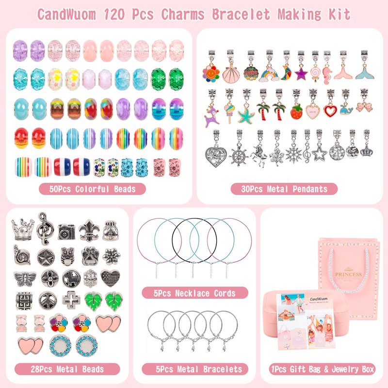 Girls Jewelry Making Kit with Charms & Organizer - 120 Pieces for Bracelets & Necklaces