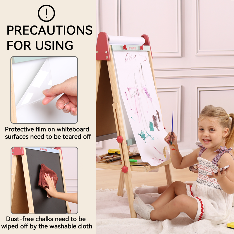 Kids Wooden Art Easel with Paper Roll, Magnetic Whiteboard & Chalkboard, Adjustable for Ages 3-12