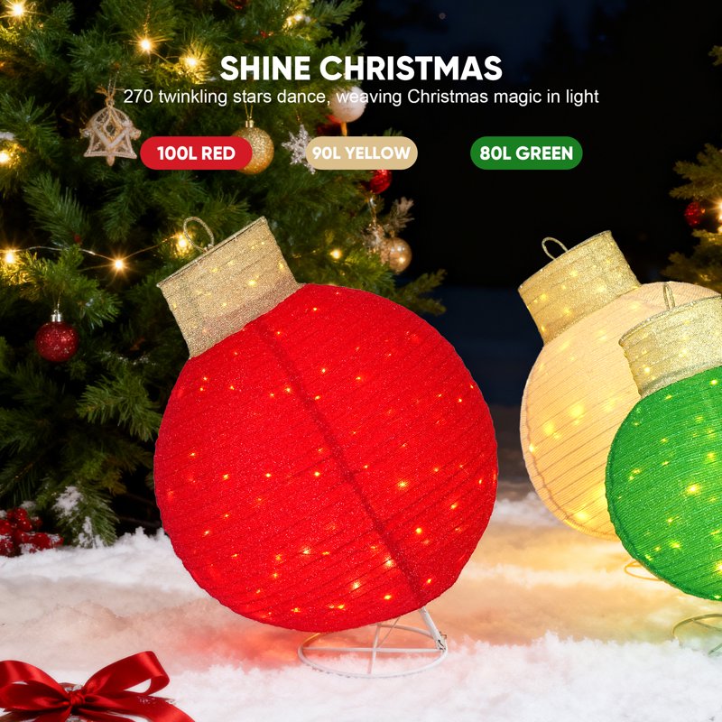 Lighted Outdoor Christmas Ornament Set with 270 LED Lights - Festive Yard Decor
