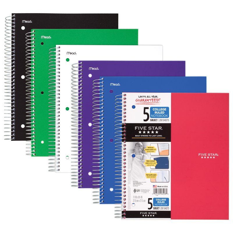 Five Star 5-Subject College Ruled Notebook - Water-Resistant Cover, 200 Pages