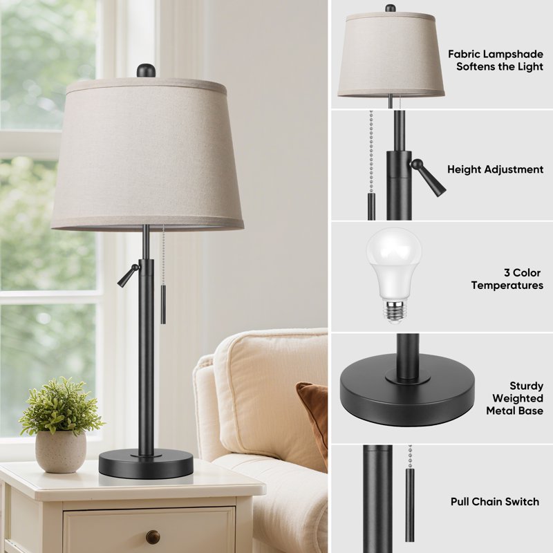 Height Adjustable Set of 2 Table Lamps for Bedroom Living Room - Black