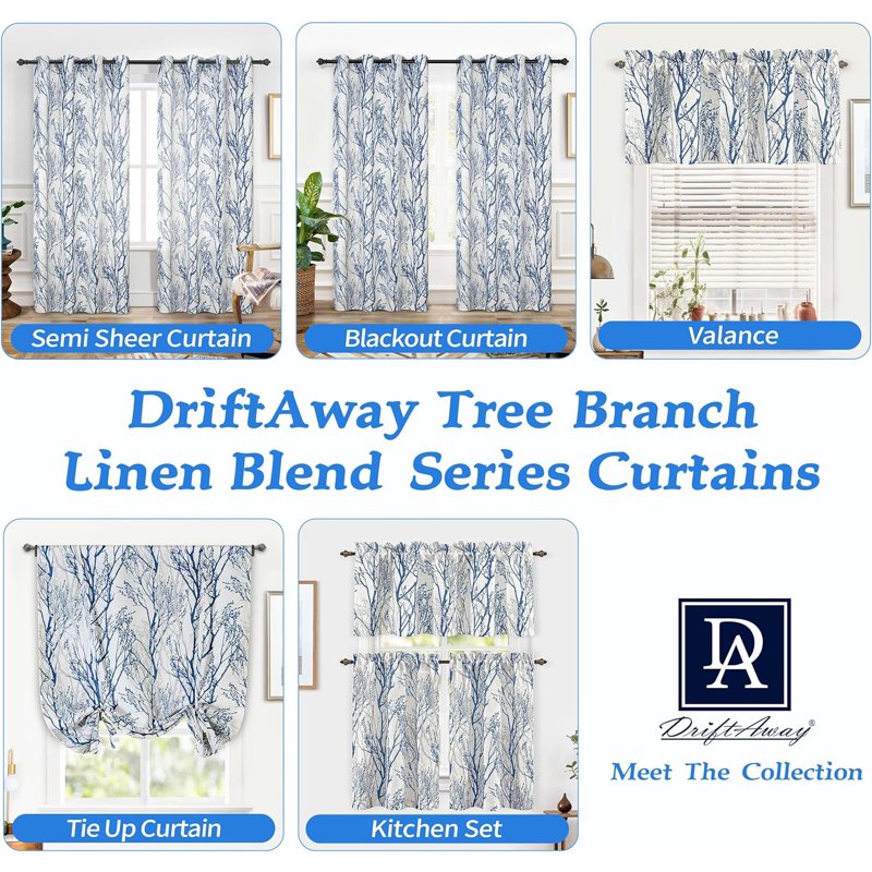 Linen Tree Branch Valance for Windows - Thermal Insulated, 52x14 Inches, Blue