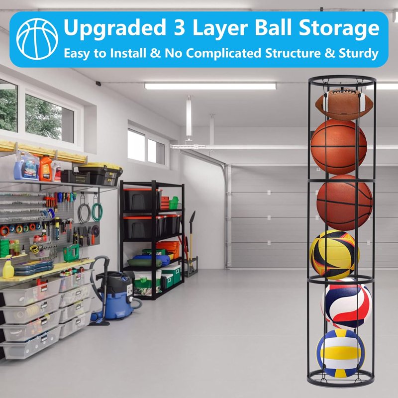 3-Tier Vertical Ball Storage Rack for Garage & Home Organization