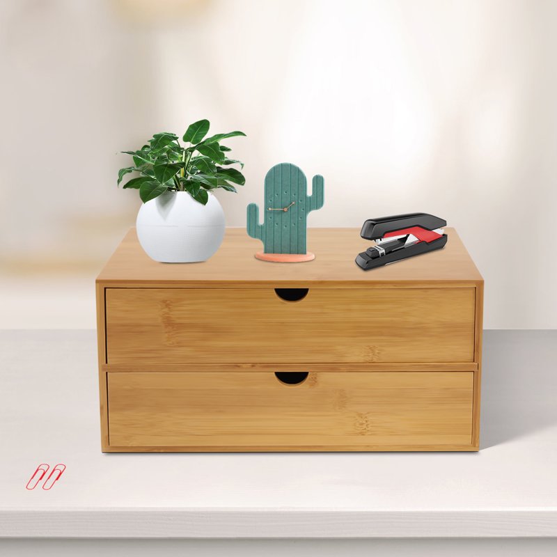 Large Capacity Desk Organizer with 2 Drawers - Minimalist Bamboo Office & Cosmetic Storage