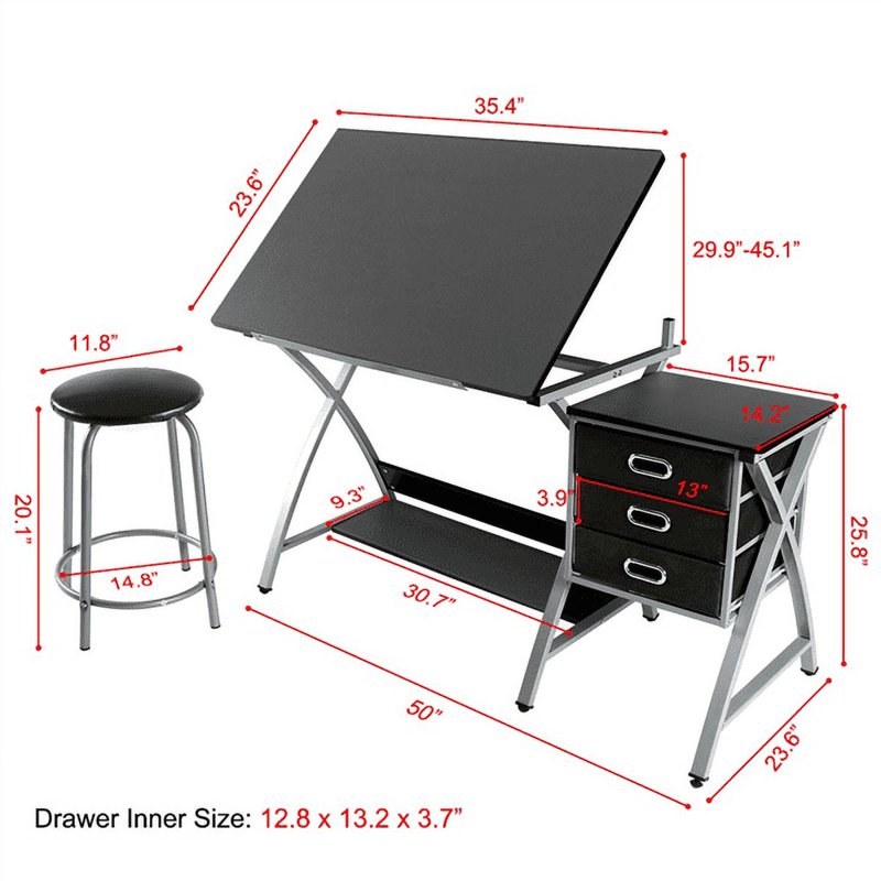 Adjustable Steel Drafting Table with Stool - Art & Office Workspace
